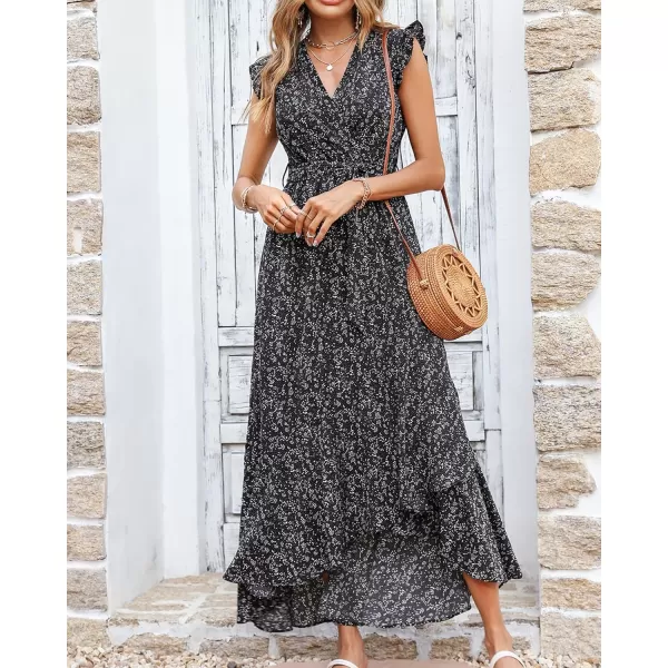 BTFBM Women Summer Dresses 2024 Ruffle Cap Sleeve V Neck Belt Wrap Split Boho Floral Long Casual Party Beach Maxi DressFloral Black