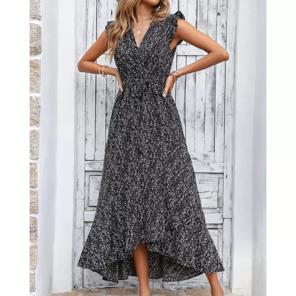 BTFBM Women Summer Dresses 2024 Ruffle Cap Sleeve V Neck Belt Wrap Split Boho Floral Long Casual Party Beach Maxi DressFloral Black