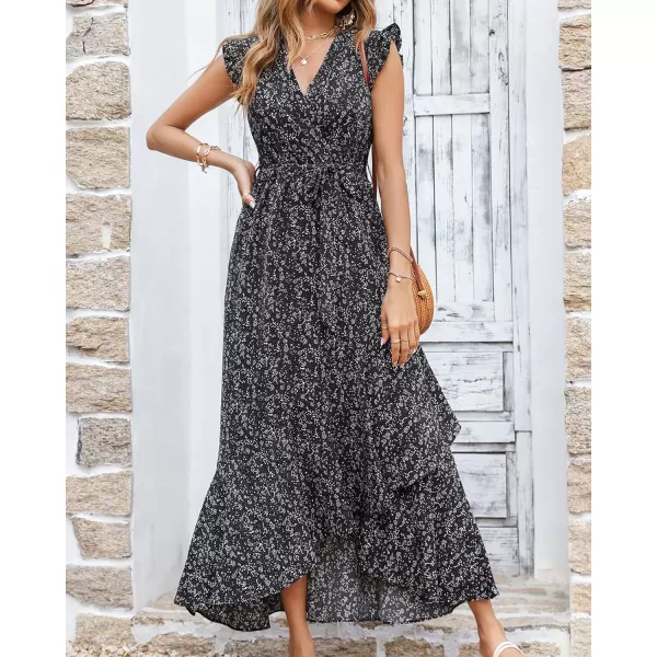 BTFBM Women Summer Dresses 2024 Ruffle Cap Sleeve V Neck Belt Wrap Split Boho Floral Long Casual Party Beach Maxi DressFloral Black