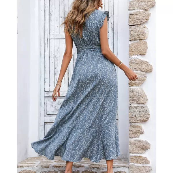 BTFBM Women Summer Dresses 2024 Ruffle Cap Sleeve V Neck Belt Wrap Split Boho Floral Long Casual Party Beach Maxi DressFloral Blue