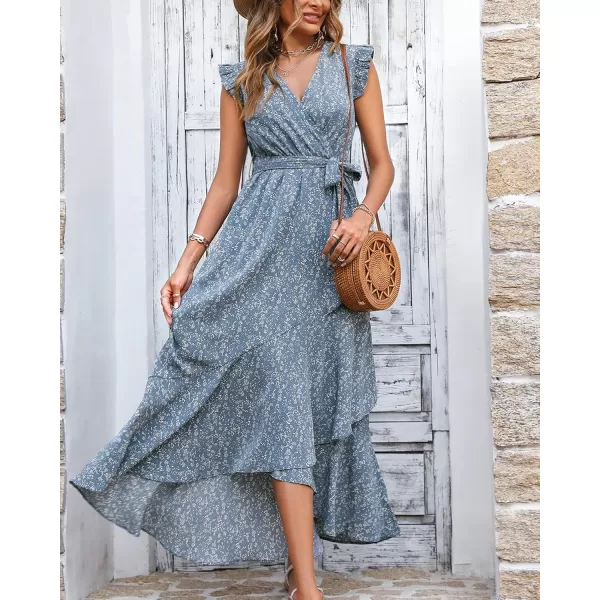BTFBM Women Summer Dresses 2024 Ruffle Cap Sleeve V Neck Belt Wrap Split Boho Floral Long Casual Party Beach Maxi DressFloral Blue