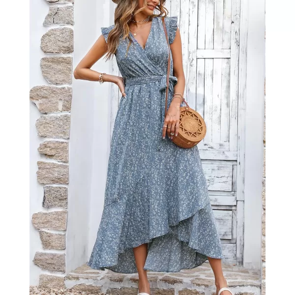 BTFBM Women Summer Dresses 2024 Ruffle Cap Sleeve V Neck Belt Wrap Split Boho Floral Long Casual Party Beach Maxi DressFloral Blue