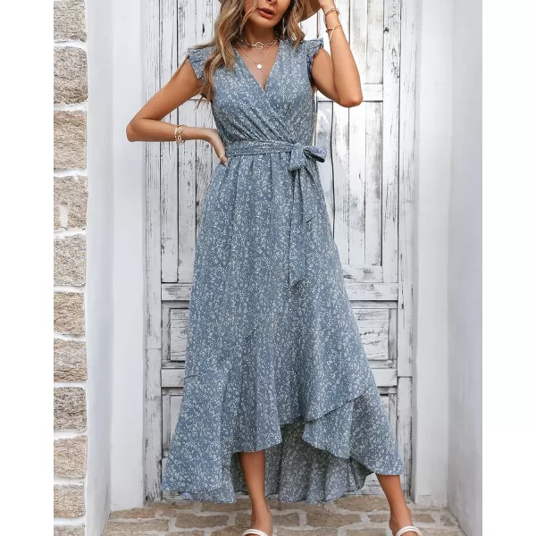 BTFBM Women Summer Dresses 2024 Ruffle Cap Sleeve V Neck Belt Wrap Split Boho Floral Long Casual Party Beach Maxi DressFloral Blue
