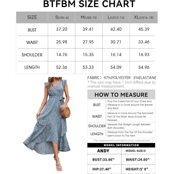 BTFBM Women Summer Dresses 2024 Ruffle Cap Sleeve V Neck Belt Wrap Split Boho Floral Long Casual Party Beach Maxi DressFloral Blue