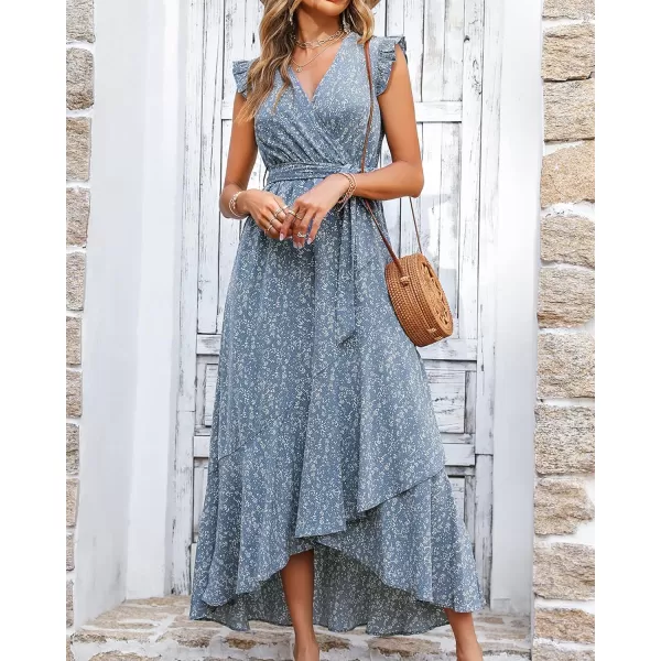 BTFBM Women Summer Dresses 2024 Ruffle Cap Sleeve V Neck Belt Wrap Split Boho Floral Long Casual Party Beach Maxi DressFloral Blue