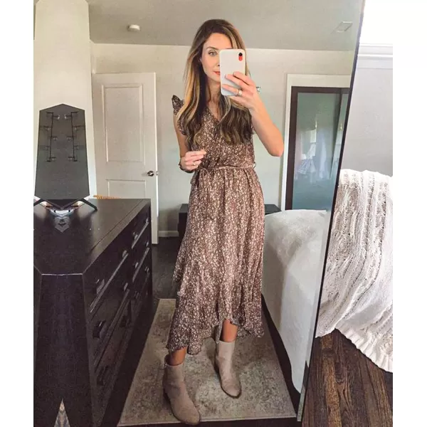 BTFBM Women Summer Dresses 2024 Ruffle Cap Sleeve V Neck Belt Wrap Split Boho Floral Long Casual Party Beach Maxi DressFloral Brown