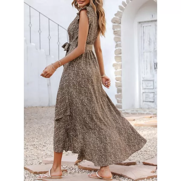 BTFBM Women Summer Dresses 2024 Ruffle Cap Sleeve V Neck Belt Wrap Split Boho Floral Long Casual Party Beach Maxi DressFloral Brown