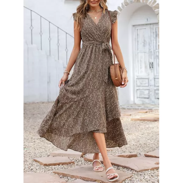 BTFBM Women Summer Dresses 2024 Ruffle Cap Sleeve V Neck Belt Wrap Split Boho Floral Long Casual Party Beach Maxi DressFloral Brown