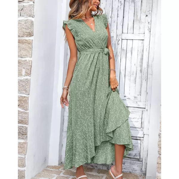 BTFBM Women Summer Dresses 2024 Ruffle Cap Sleeve V Neck Belt Wrap Split Boho Floral Long Casual Party Beach Maxi DressFloral Green