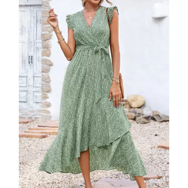 BTFBM Women Summer Dresses 2024 Ruffle Cap Sleeve V Neck Belt Wrap Split Boho Floral Long Casual Party Beach Maxi DressFloral Green