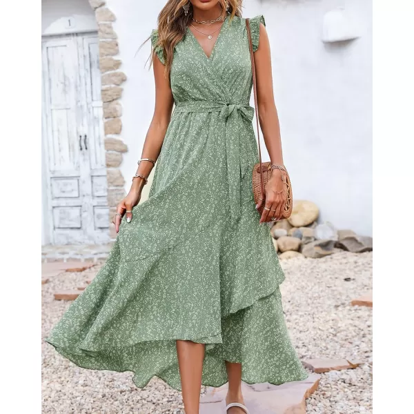 BTFBM Women Summer Dresses 2024 Ruffle Cap Sleeve V Neck Belt Wrap Split Boho Floral Long Casual Party Beach Maxi DressFloral Green