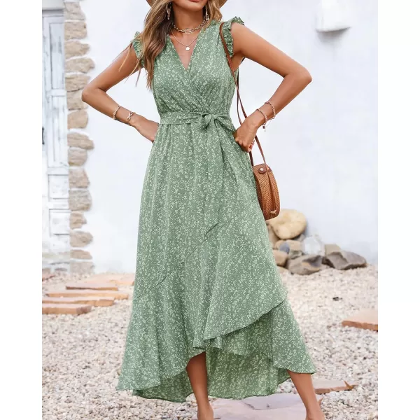 BTFBM Women Summer Dresses 2024 Ruffle Cap Sleeve V Neck Belt Wrap Split Boho Floral Long Casual Party Beach Maxi DressFloral Green