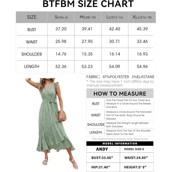 BTFBM Women Summer Dresses 2024 Ruffle Cap Sleeve V Neck Belt Wrap Split Boho Floral Long Casual Party Beach Maxi DressFloral Green