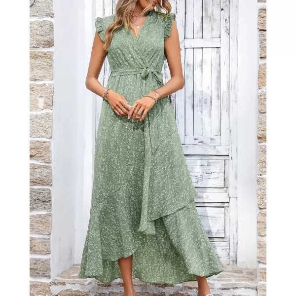 BTFBM Women Summer Dresses 2024 Ruffle Cap Sleeve V Neck Belt Wrap Split Boho Floral Long Casual Party Beach Maxi DressFloral Green