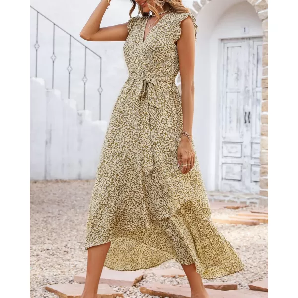BTFBM Women Summer Dresses 2024 Ruffle Cap Sleeve V Neck Belt Wrap Split Boho Floral Long Casual Party Beach Maxi DressFloral Khaki