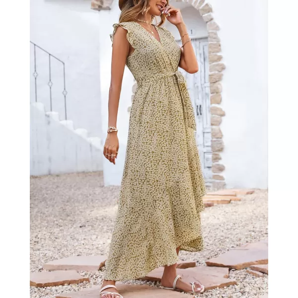 BTFBM Women Summer Dresses 2024 Ruffle Cap Sleeve V Neck Belt Wrap Split Boho Floral Long Casual Party Beach Maxi DressFloral Khaki