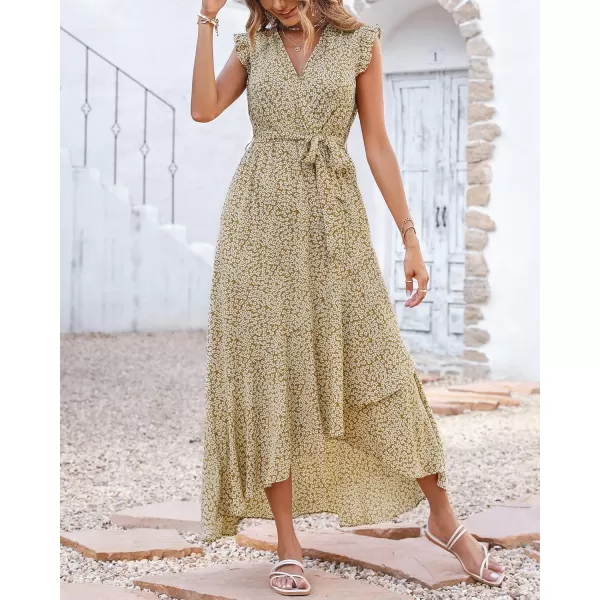 BTFBM Women Summer Dresses 2024 Ruffle Cap Sleeve V Neck Belt Wrap Split Boho Floral Long Casual Party Beach Maxi DressFloral Khaki
