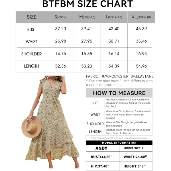 BTFBM Women Summer Dresses 2024 Ruffle Cap Sleeve V Neck Belt Wrap Split Boho Floral Long Casual Party Beach Maxi DressFloral Khaki