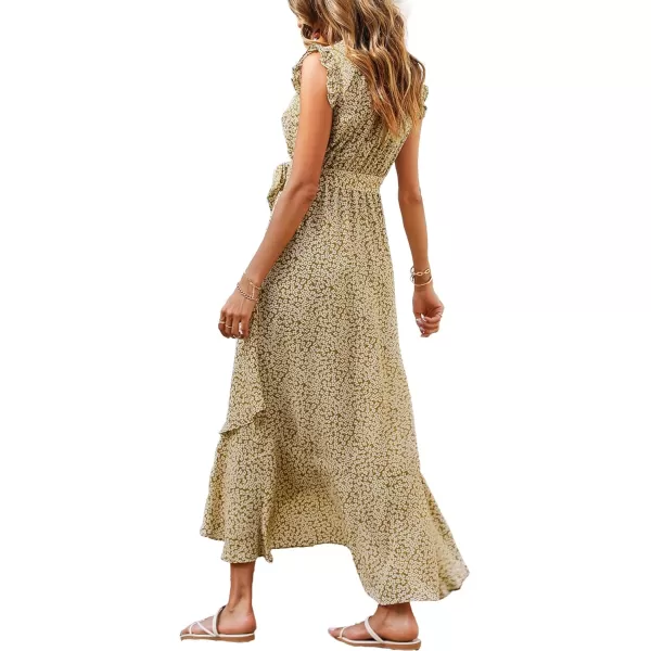 BTFBM Women Summer Dresses 2024 Ruffle Cap Sleeve V Neck Belt Wrap Split Boho Floral Long Casual Party Beach Maxi DressFloral Khaki