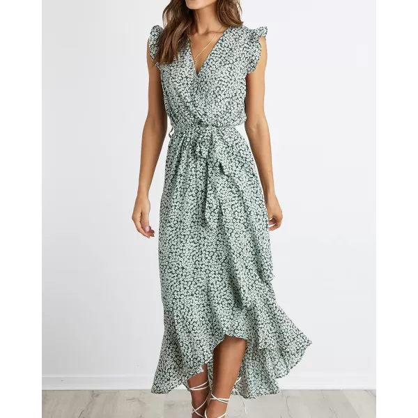 BTFBM Women Summer Dresses 2024 Ruffle Cap Sleeve V Neck Belt Wrap Split Boho Floral Long Casual Party Beach Maxi DressFloral Print Green