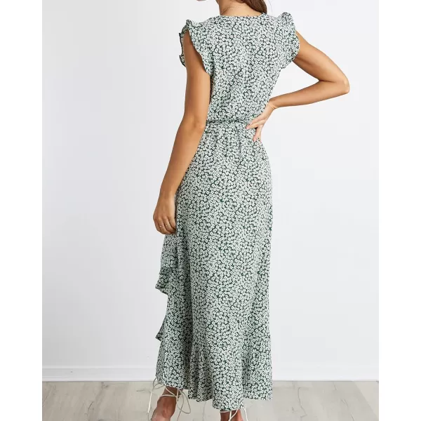 BTFBM Women Summer Dresses 2024 Ruffle Cap Sleeve V Neck Belt Wrap Split Boho Floral Long Casual Party Beach Maxi DressFloral Print Green