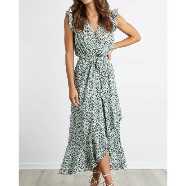 BTFBM Women Summer Dresses 2024 Ruffle Cap Sleeve V Neck Belt Wrap Split Boho Floral Long Casual Party Beach Maxi DressFloral Print Green
