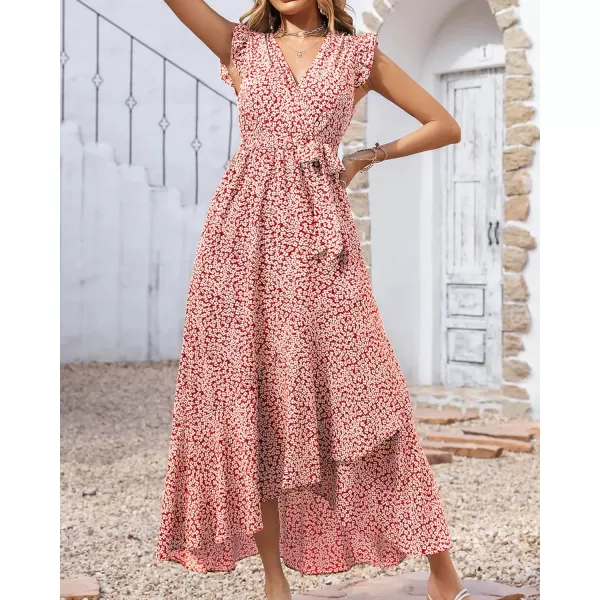 BTFBM Women Summer Dresses 2024 Ruffle Cap Sleeve V Neck Belt Wrap Split Boho Floral Long Casual Party Beach Maxi DressFloral Print Red