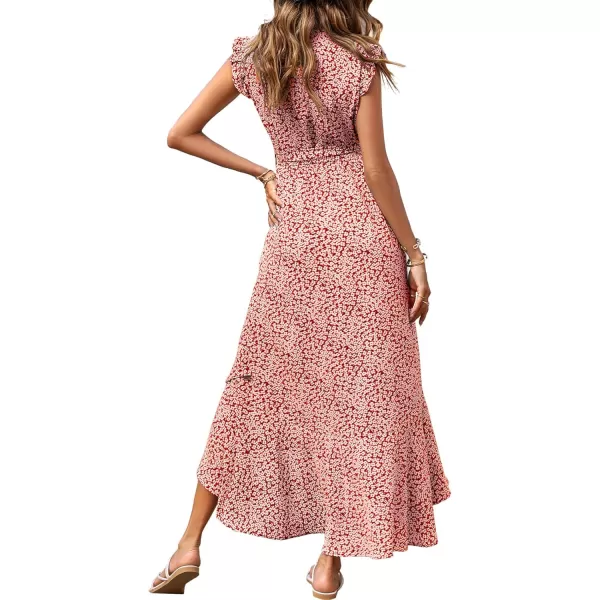 BTFBM Women Summer Dresses 2024 Ruffle Cap Sleeve V Neck Belt Wrap Split Boho Floral Long Casual Party Beach Maxi DressFloral Print Red