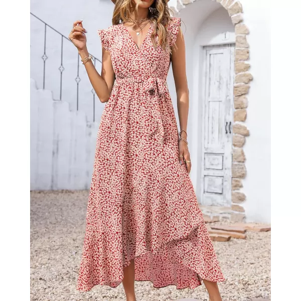 BTFBM Women Summer Dresses 2024 Ruffle Cap Sleeve V Neck Belt Wrap Split Boho Floral Long Casual Party Beach Maxi DressFloral Print Red