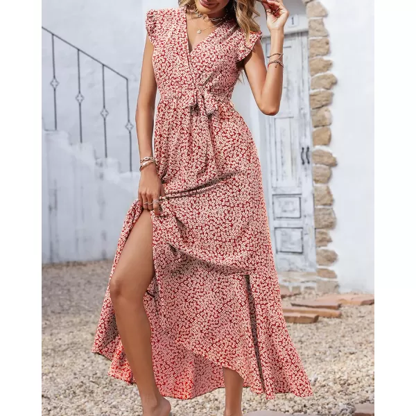 BTFBM Women Summer Dresses 2024 Ruffle Cap Sleeve V Neck Belt Wrap Split Boho Floral Long Casual Party Beach Maxi DressFloral Print Red
