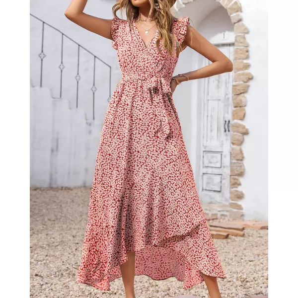 BTFBM Women Summer Dresses 2024 Ruffle Cap Sleeve V Neck Belt Wrap Split Boho Floral Long Casual Party Beach Maxi DressFloral Print Red