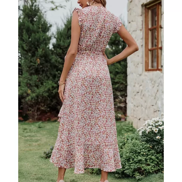 BTFBM Women Summer Dresses 2024 Ruffle Cap Sleeve V Neck Belt Wrap Split Boho Floral Long Casual Party Beach Maxi DressFloral Print Wine Red White