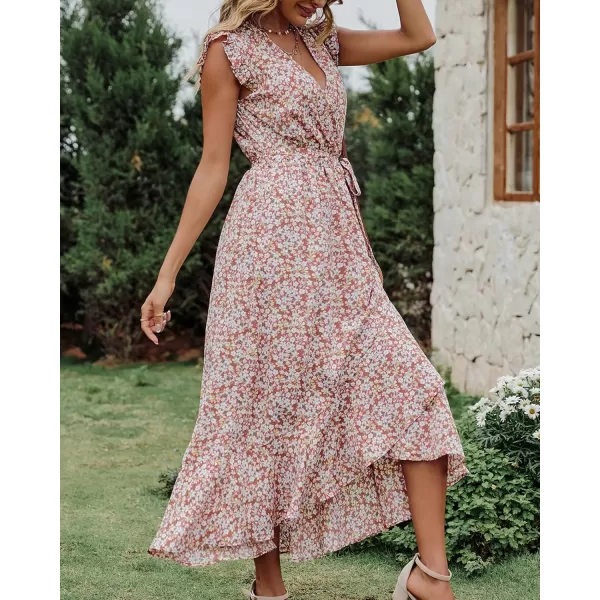 BTFBM Women Summer Dresses 2024 Ruffle Cap Sleeve V Neck Belt Wrap Split Boho Floral Long Casual Party Beach Maxi DressFloral Print Wine Red White