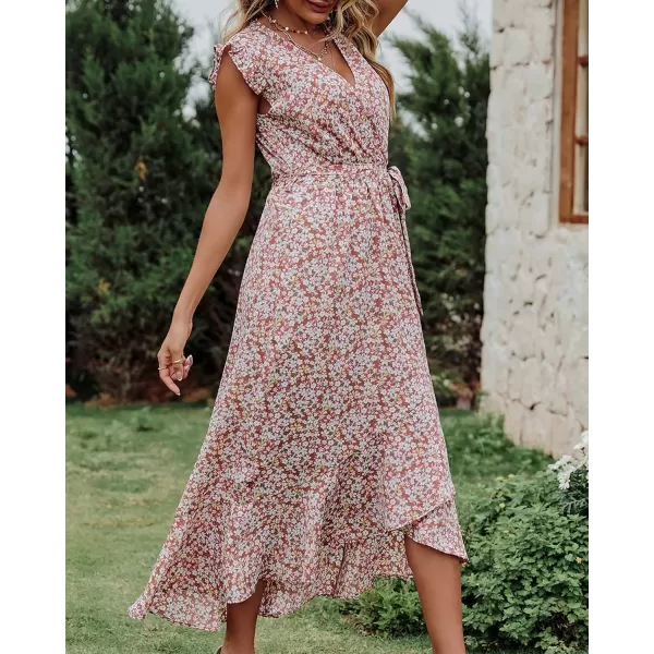 BTFBM Women Summer Dresses 2024 Ruffle Cap Sleeve V Neck Belt Wrap Split Boho Floral Long Casual Party Beach Maxi DressFloral Print Wine Red White