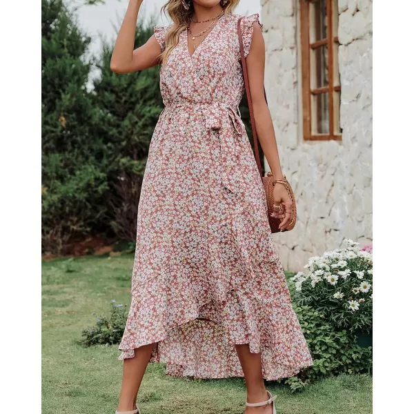 BTFBM Women Summer Dresses 2024 Ruffle Cap Sleeve V Neck Belt Wrap Split Boho Floral Long Casual Party Beach Maxi DressFloral Print Wine Red White