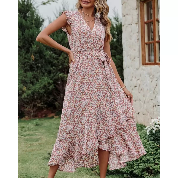 BTFBM Women Summer Dresses 2024 Ruffle Cap Sleeve V Neck Belt Wrap Split Boho Floral Long Casual Party Beach Maxi DressFloral Print Wine Red White