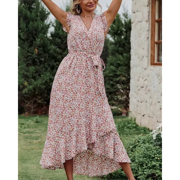 BTFBM Women Summer Dresses 2024 Ruffle Cap Sleeve V Neck Belt Wrap Split Boho Floral Long Casual Party Beach Maxi DressFloral Print Wine Red White