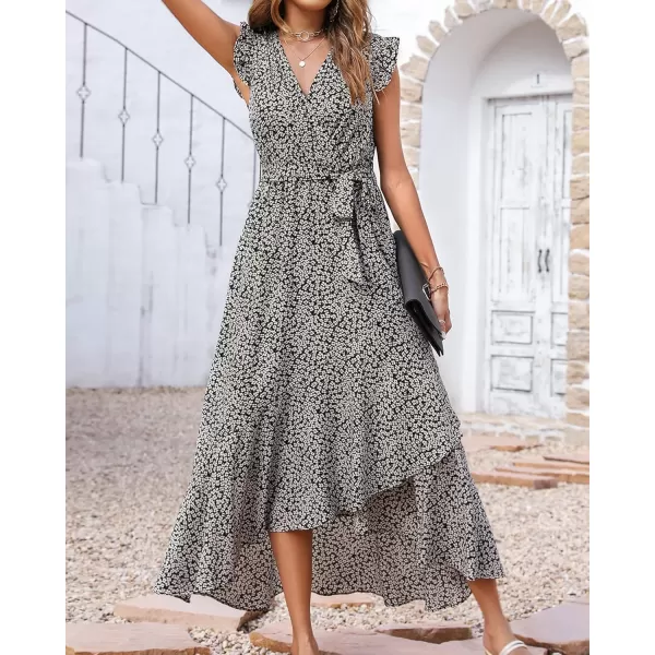 BTFBM Women Summer Dresses 2024 Ruffle Cap Sleeve V Neck Belt Wrap Split Boho Floral Long Casual Party Beach Maxi DressFloral White