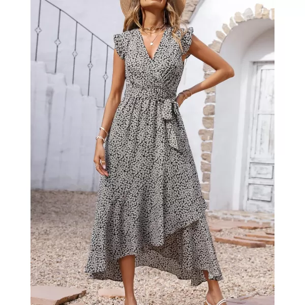 BTFBM Women Summer Dresses 2024 Ruffle Cap Sleeve V Neck Belt Wrap Split Boho Floral Long Casual Party Beach Maxi DressFloral White