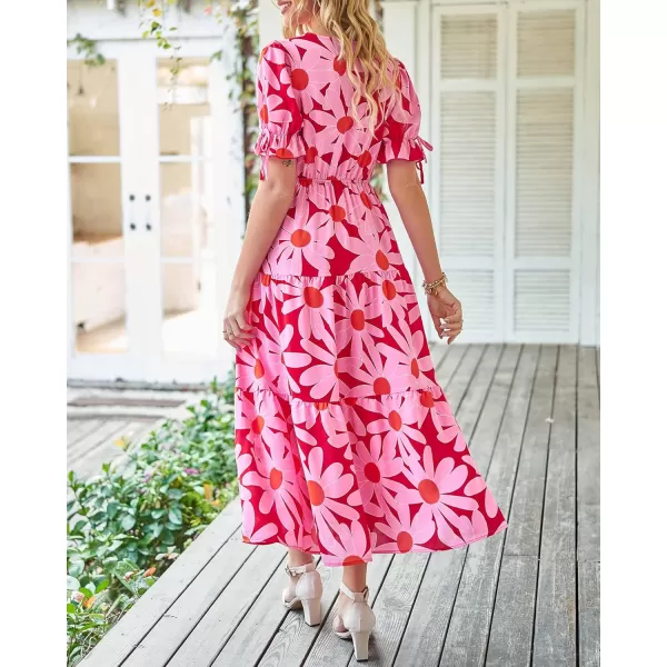 BTFBM Womens 2024 Summer Boho Dress Tie Front Deep V Neck Cutout Short Sleeve Floral Casual Party Beach Maxi DressesBig Floral Red