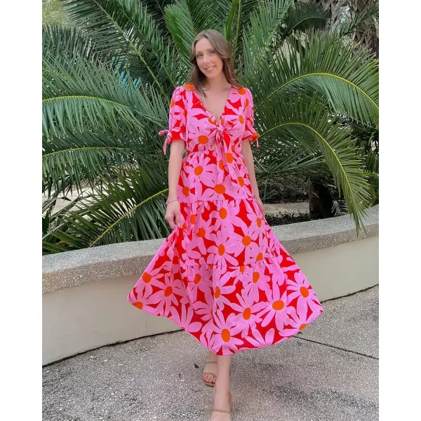 BTFBM Womens 2024 Summer Boho Dress Tie Front Deep V Neck Cutout Short Sleeve Floral Casual Party Beach Maxi DressesBig Floral Red