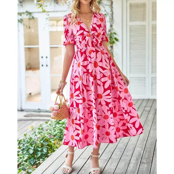 BTFBM Womens 2024 Summer Boho Dress Tie Front Deep V Neck Cutout Short Sleeve Floral Casual Party Beach Maxi DressesBig Floral Red