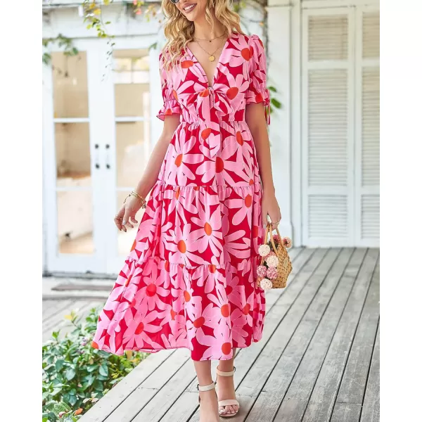 BTFBM Womens 2024 Summer Boho Dress Tie Front Deep V Neck Cutout Short Sleeve Floral Casual Party Beach Maxi DressesBig Floral Red