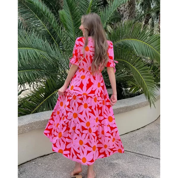 BTFBM Womens 2024 Summer Boho Dress Tie Front Deep V Neck Cutout Short Sleeve Floral Casual Party Beach Maxi DressesBig Floral Red