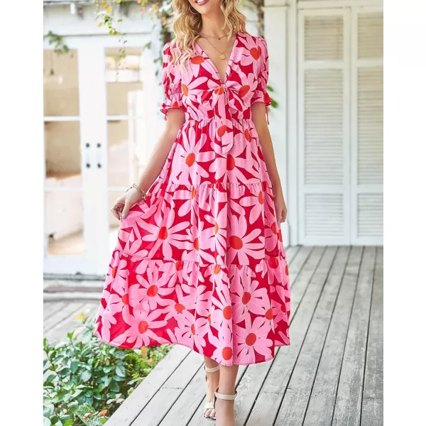BTFBM Womens 2024 Summer Boho Dress Tie Front Deep V Neck Cutout Short Sleeve Floral Casual Party Beach Maxi DressesBig Floral Red