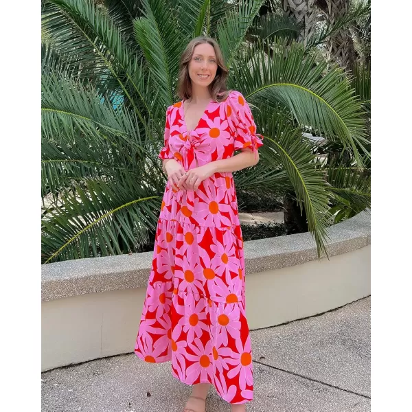 BTFBM Womens 2024 Summer Boho Dress Tie Front Deep V Neck Cutout Short Sleeve Floral Casual Party Beach Maxi DressesBig Floral Red