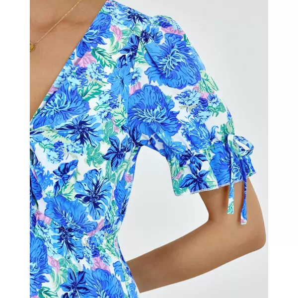 BTFBM Womens 2024 Summer Boho Dress Tie Front Deep V Neck Cutout Short Sleeve Floral Casual Party Beach Maxi DressesBig Floral White Blue