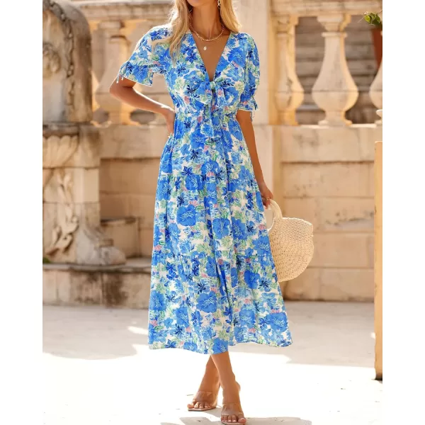 BTFBM Womens 2024 Summer Boho Dress Tie Front Deep V Neck Cutout Short Sleeve Floral Casual Party Beach Maxi DressesBig Floral White Blue