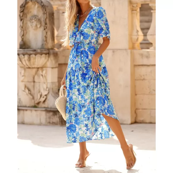 BTFBM Womens 2024 Summer Boho Dress Tie Front Deep V Neck Cutout Short Sleeve Floral Casual Party Beach Maxi DressesBig Floral White Blue