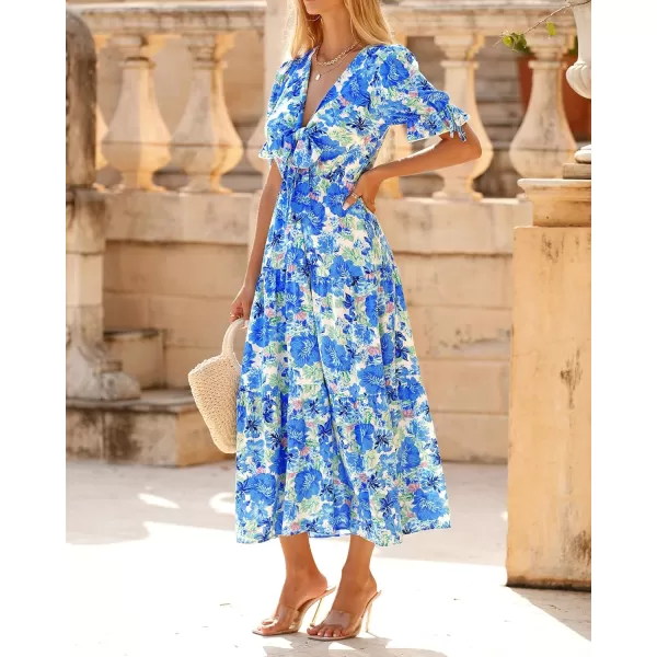 BTFBM Womens 2024 Summer Boho Dress Tie Front Deep V Neck Cutout Short Sleeve Floral Casual Party Beach Maxi DressesBig Floral White Blue